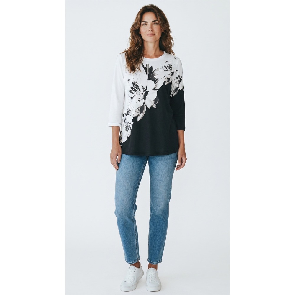 Womens Black‎ White Floral Graphic 3/4 Sleeve Crew Neck Top Size M